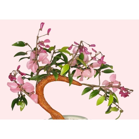 Vintage Bonsai Tree Glass Cherry Blossom Flowers Jade Leaves Celadon Pot Asian - Picture 3 of 7